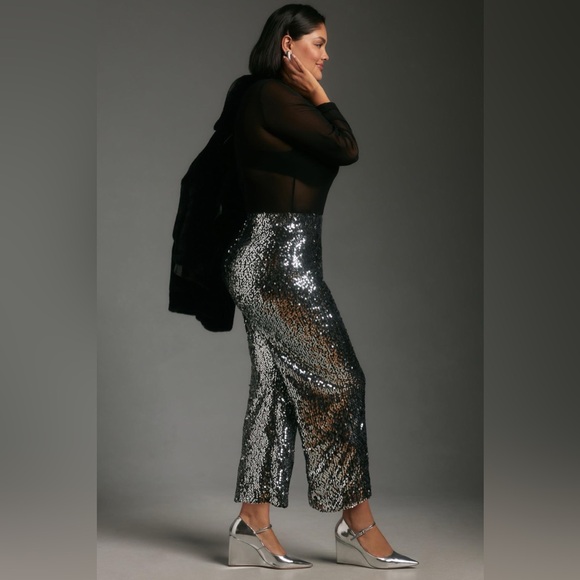 🪩Maeve Anthropologie The Colette Cropped Wide-Leg Sequin Pants in Black - Picture 6 of 8